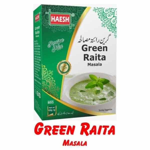 Haesh Green Raita Masala 50g Pack – A refreshing spice mix for preparing green raita, adding a zesty and cooling flavor to your dishes.