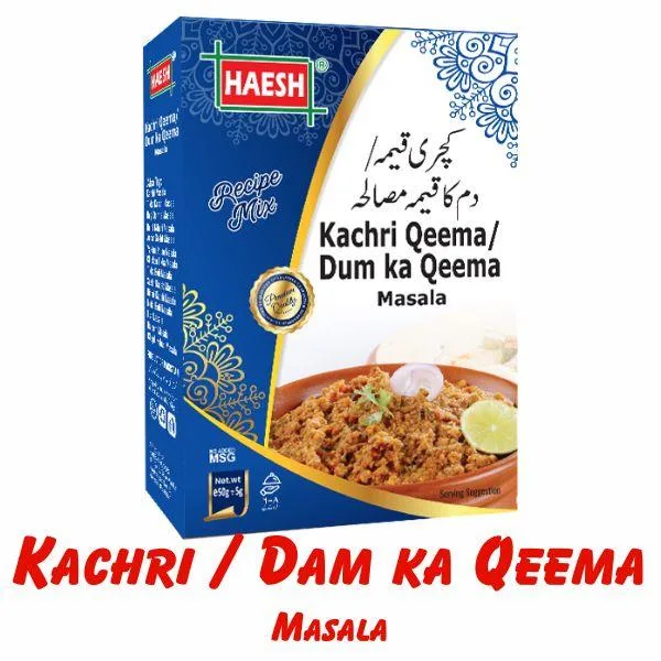 Haesh Kachri Qeema / Dam Ka Qeema Masala 50g Box – A rich spice mix specially crafted for preparing flavorful kachri qeema or dam ka qeema, adding depth and aroma to your dish.