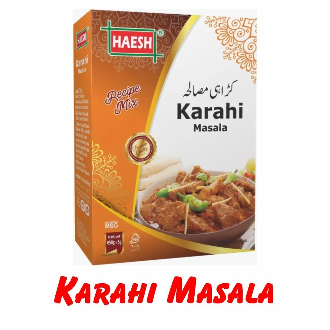 "Haesh Karahi Masala 50g Box – A flavorful blend of spices designed to enhance the taste of your karahi dishes, delivering a traditional and aromatic flavor.