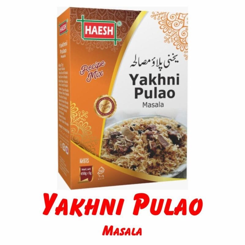 Haesh Yakhni Pulao Masala 50g Box – A fragrant blend of spices specially crafted to enhance the taste of your yakhni pulao, delivering a rich and aromatic flavor.