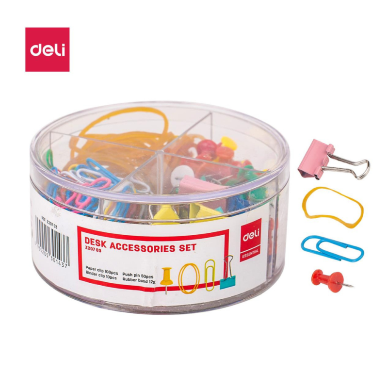 Deli EZ20703 4-in-1 stationery set with paper clips, push pins, binder clips and rubber bands