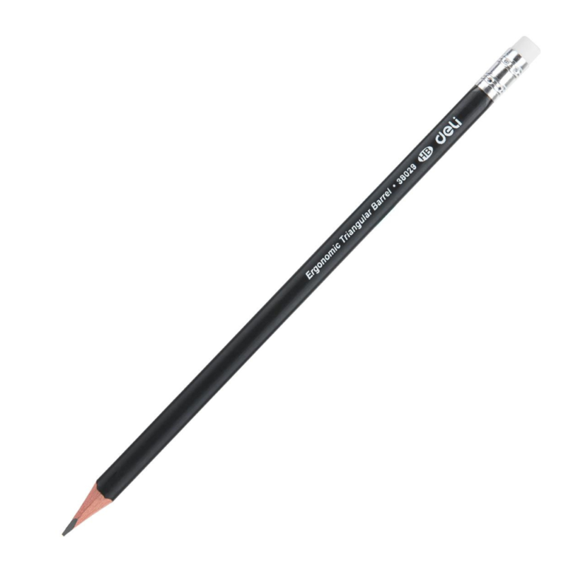 Deli E38029 HB graphite pencil with triangular black barrel and eraser