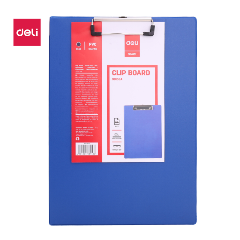 Deli E38153A blue A4 clipboard with low-profile metal clip